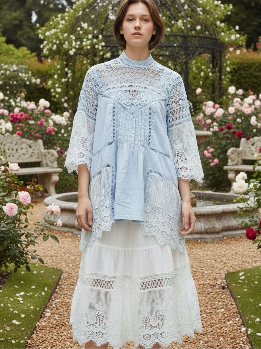 Tracy Reese Blue Lace Tunic With Button Up Back